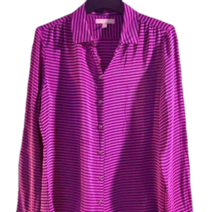 BANANA REPUBLIC 100% Silk Blouse Striped Magenta / Navy